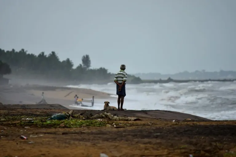 man on beach and kid watching island