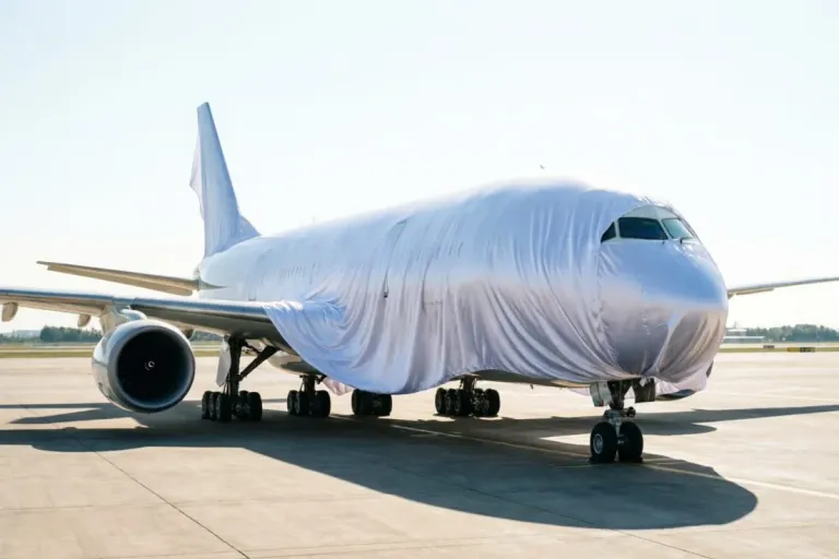 airplane wrapped in cloth about to be revealed