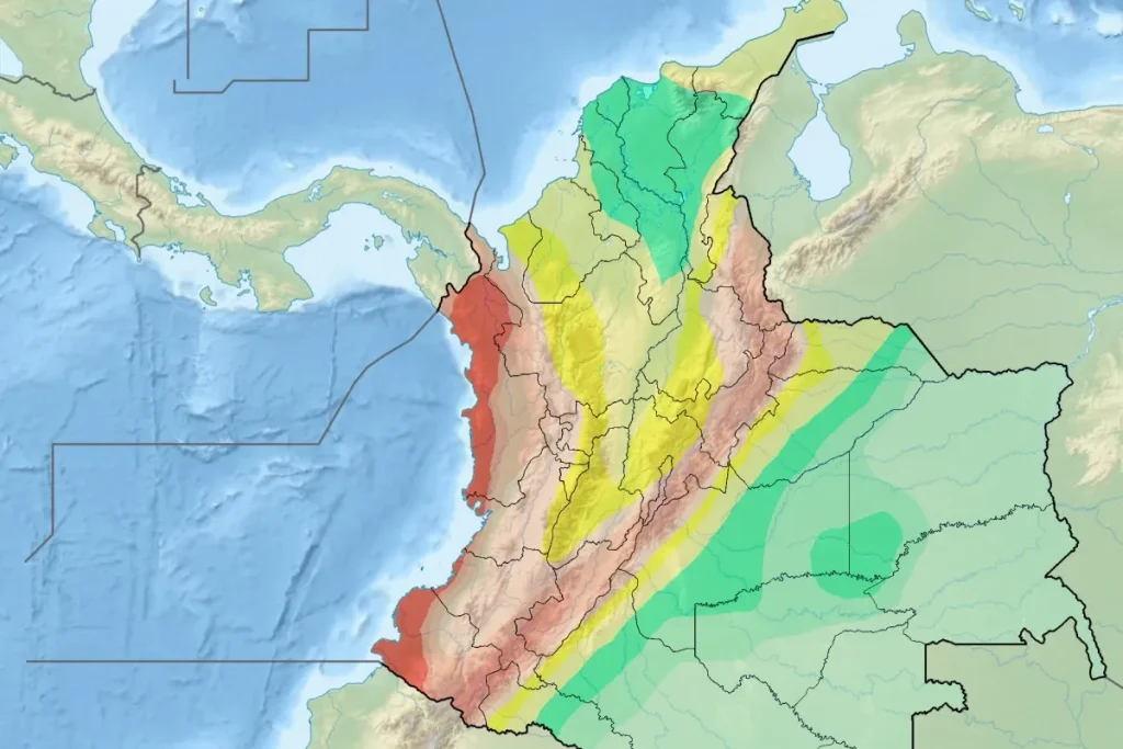 Colombia Earthquake Seismic Map By Grundkarte Milenioscuro, Relief Alexrk2 - background : File:Colombia relief location map.jpgdata : INGEOMINAS, CC BY-SA 3.0, https://commons.wikimedia.org/w/index.php?curid=17851852