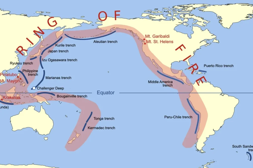 The Pacific Ring of Fire, with trenches marked with blue lines By Gringer (talk) 23:52, 10 February 2009 (UTC) - vector data from [1], Public Domain, https://commons.wikimedia.org/w/index.php?curid=5919729