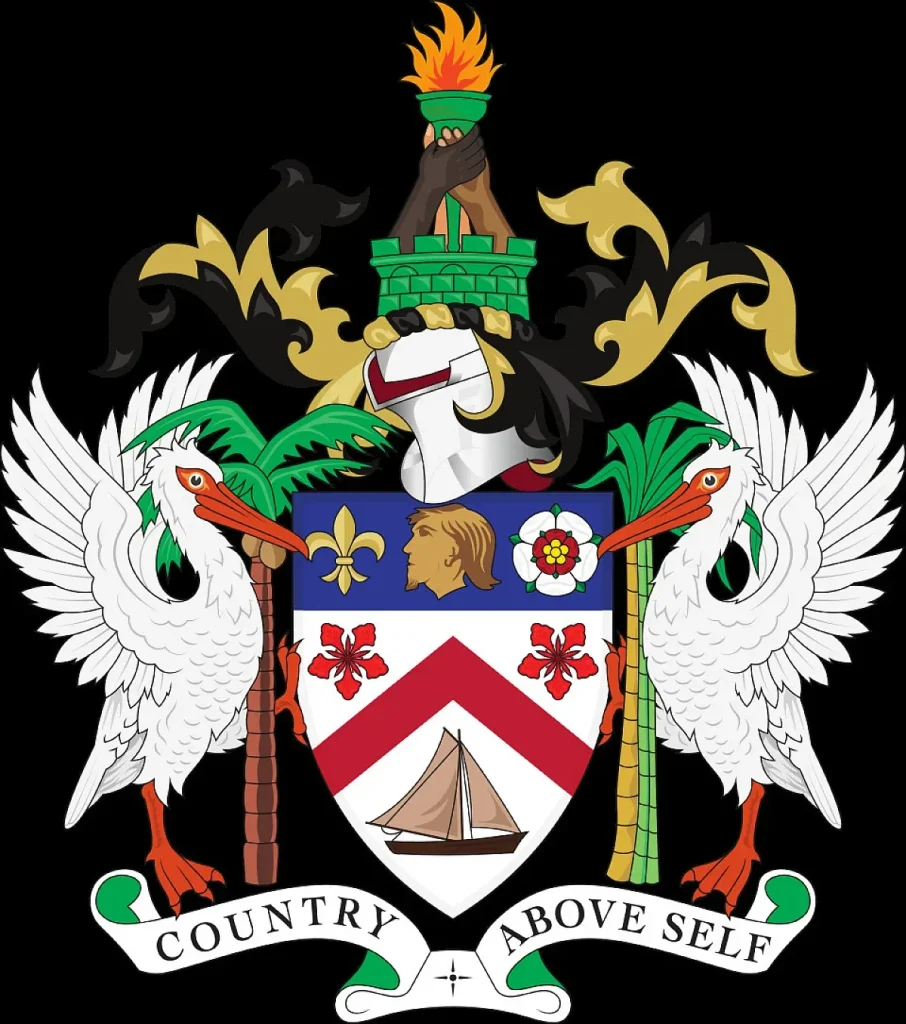 St Kitts and Nevis Coat of Arms. Drawn based on the generally acceptable artistic interpretation of the blazon. Each element was individually designed. Colours based on version found on https://www.gov.kn/. By BaronJaguar - Own work, CC BY-SA 4.0, https://commons.wikimedia.org/w/index.php?curid=90771234