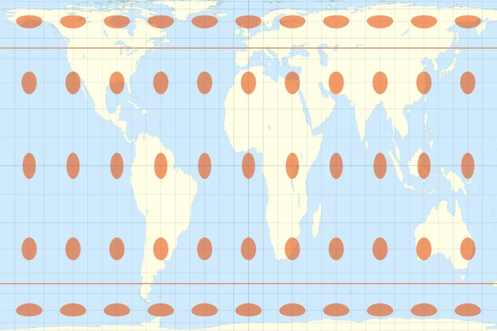 The Gall–Peters cylindrical equal-area projection with Tissot's indicatrices of deformation By Eric Gaba (Sting - fr:Sting) - Own workData : U.S. NGDC World Coast Line (public domain), CC BY-SA 4.0, https://commons.wikimedia.org/w/index.php?curid=12052919