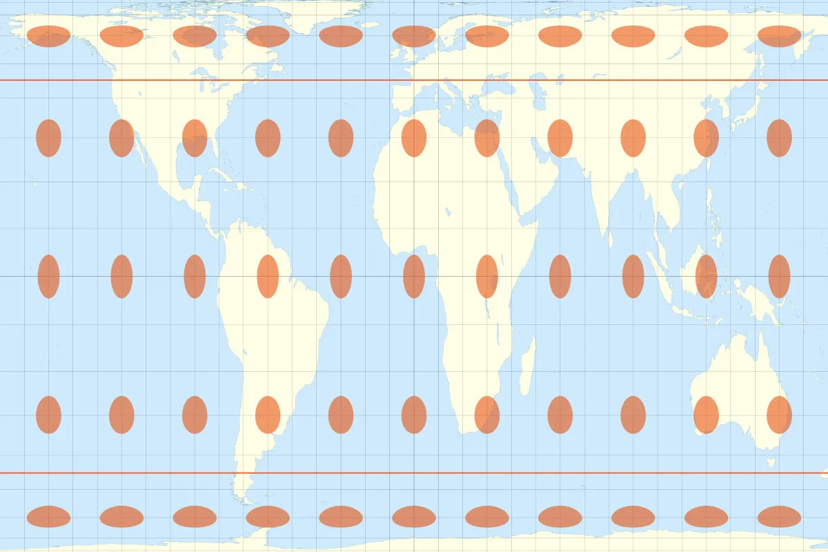 The Gall–Peters cylindrical equal-area projection with Tissot's indicatrices of deformation By Eric Gaba (Sting - fr:Sting) - Own workData : U.S. NGDC World Coast Line (public domain), CC BY-SA 4.0, https://commons.wikimedia.org/w/index.php?curid=12052919