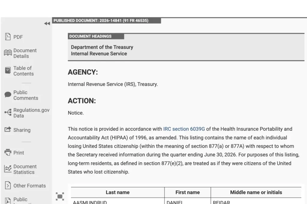 expatriation list 2026 Credit federalregister gov