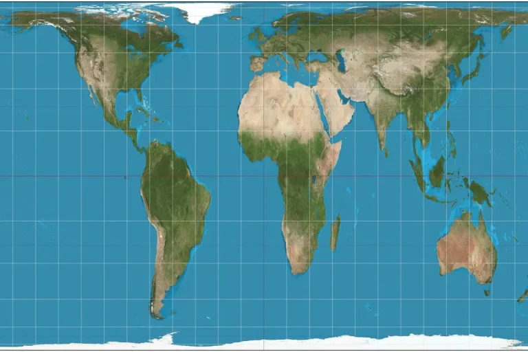 The Gall–Peters equal-area projection of the world map By Strebe - Own work, CC BY-SA 3.0, https://commons.wikimedia.org/w/index.php?curid=16115242
