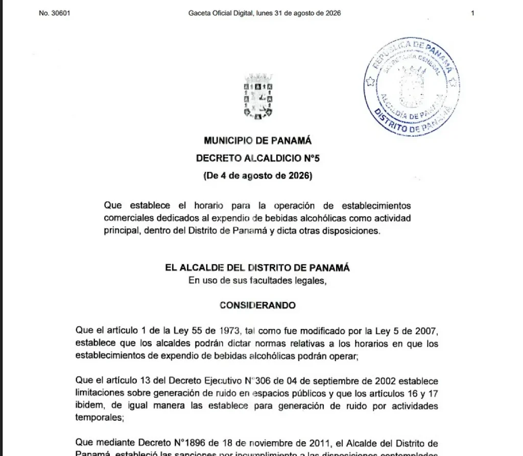 municipal decree number 5 alcohol sales hours panama