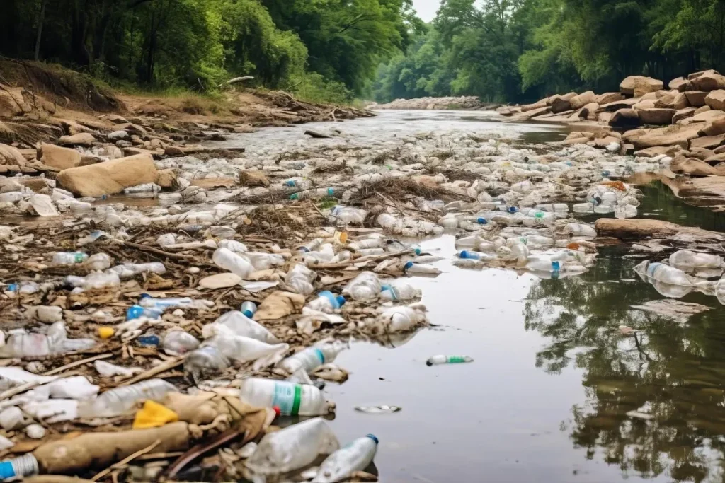 Garbage covering the riverbed