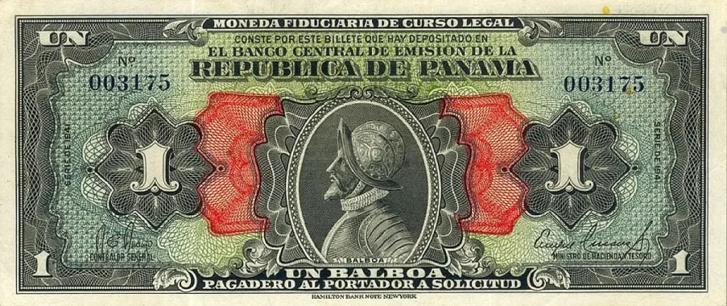 1 Balboa Issued in 1941 by Arnulfo Arias, President of the Republic of Panama. Banknote showing conquistador Balboa (1941) -By Own work Hhbooker2 - From my own collection, CC0, https://commons.wikimedia.org/w/index.php?curid=13403179 Coins and bank notes